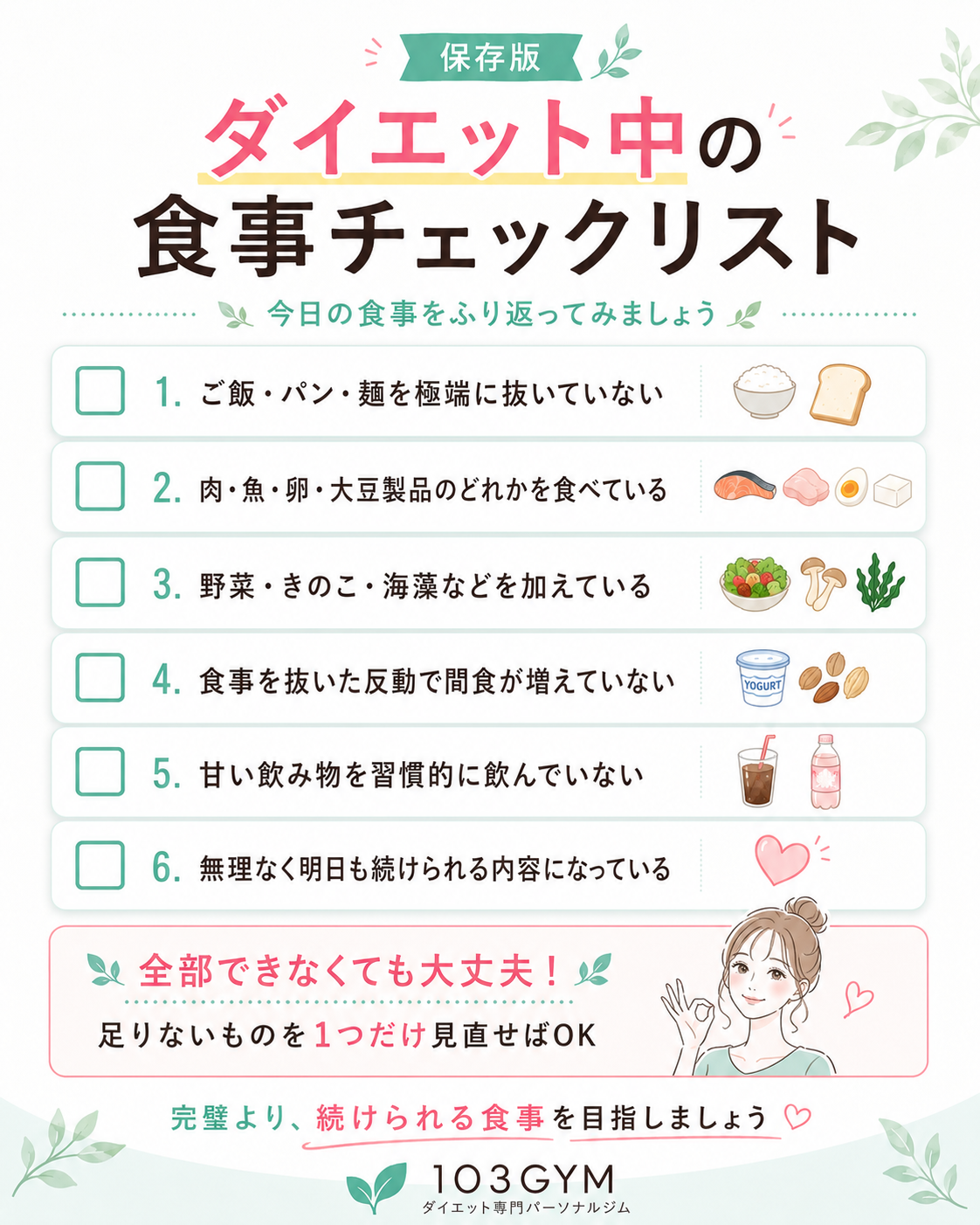 ダイエット中の食事を振り返る6項目のチェックリスト。主食・タンパク質・野菜を取り入れ、食事を抜かず、甘い飲み物を控え、無理なく続けることを確認する103GYMの保存用画像。