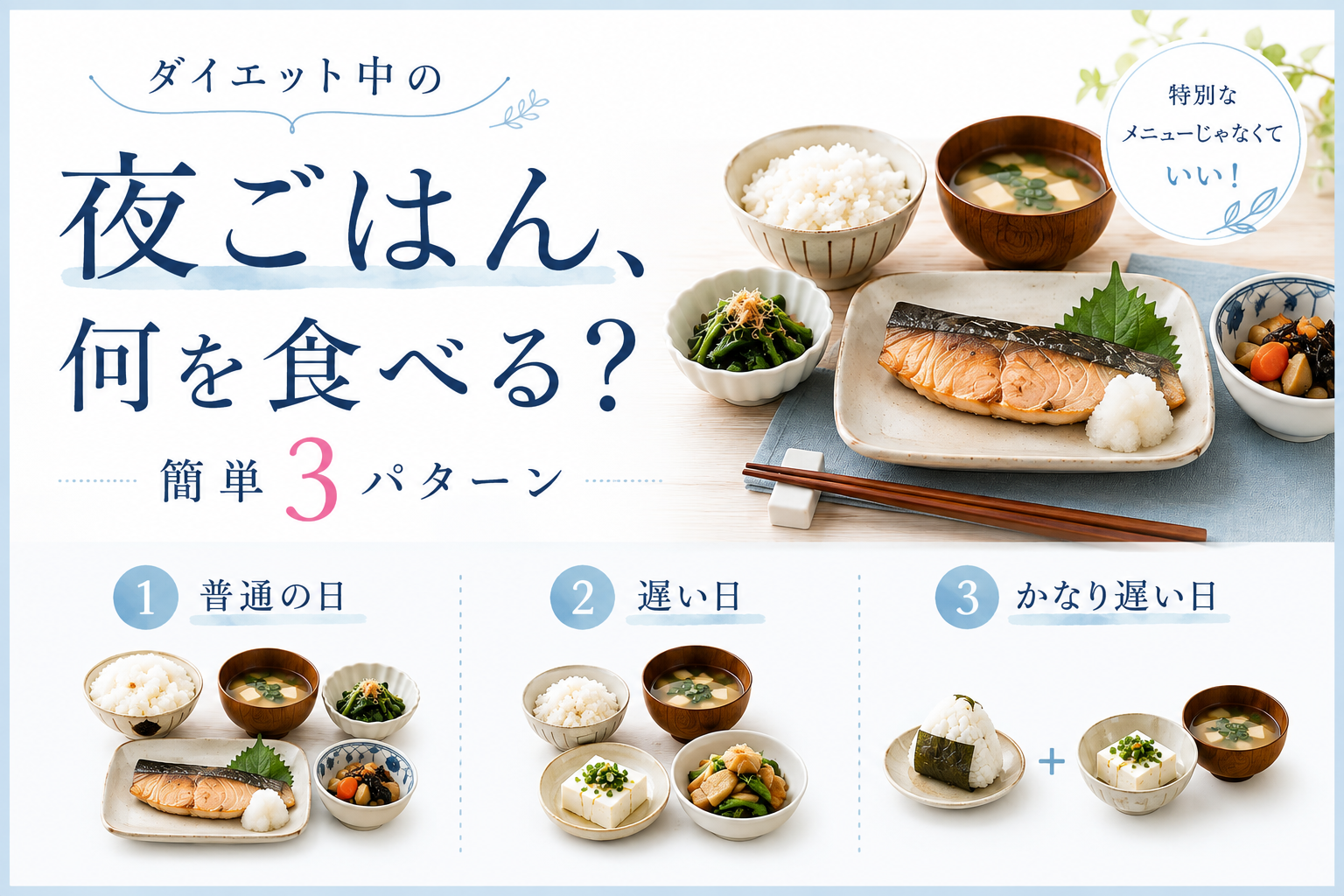 ダイエット中の夜ごはんにおすすめの簡単3パターン。普通の日・帰宅が遅い日・かなり遅い日の夕食例を紹介。